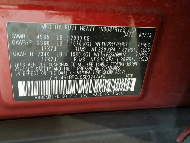 4S4BRCLC6D3297569 - 2013 SUBARU OUTBACK 2. RED photo 10