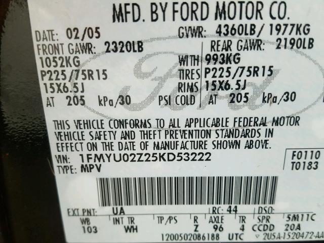 1FMYU02Z25KD53222 - 2005 FORD ESCAPE XLS BLACK photo 10