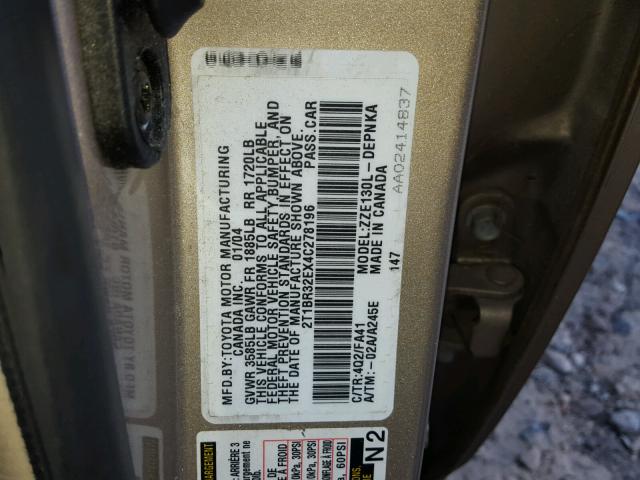 2T1BR32EX4C278196 - 2004 TOYOTA COROLLA CE TAN photo 10