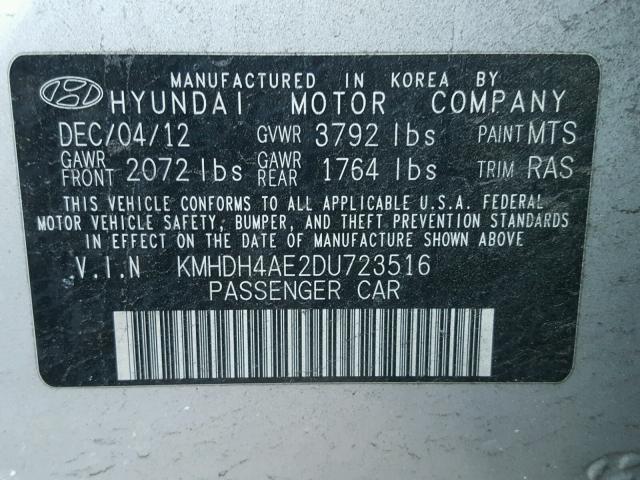 KMHDH4AE2DU723516 - 2013 HYUNDAI ELANTRA GL SILVER photo 10