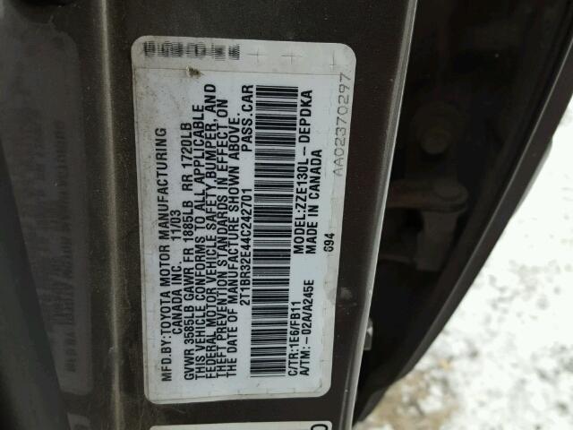 2T1BR32E44C242701 - 2004 TOYOTA COROLLA CE GRAY photo 10