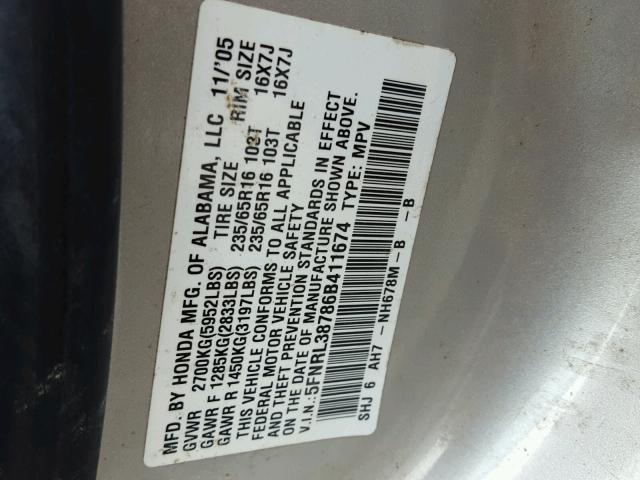 5FNRL38786B411674 - 2006 HONDA ODYSSEY EX SILVER photo 10