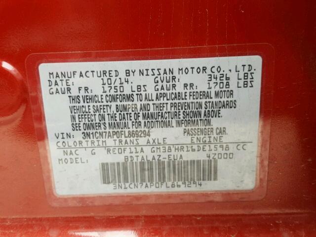 3N1CN7AP0FL869294 - 2015 NISSAN VERSA S RED photo 10