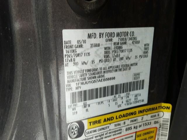 1FMJU1G57AEB58898 - 2010 FORD EXPEDITION GRAY photo 10