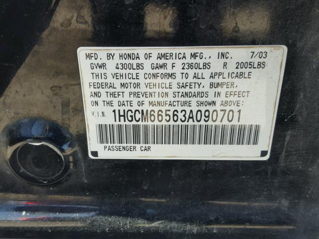 1HGCM66563A090701 - 2003 HONDA ACCORD EX BLACK photo 10