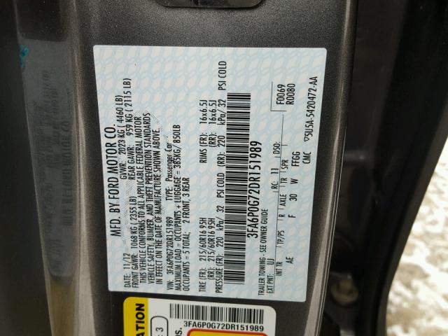 3FA6P0G72DR151989 - 2013 FORD FUSION S GRAY photo 10