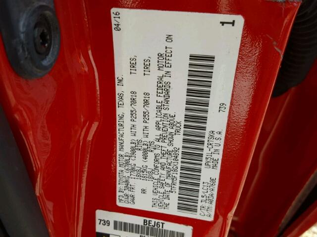 5TFRM5F18GX104892 - 2016 TOYOTA TUNDRA DOU RED photo 10