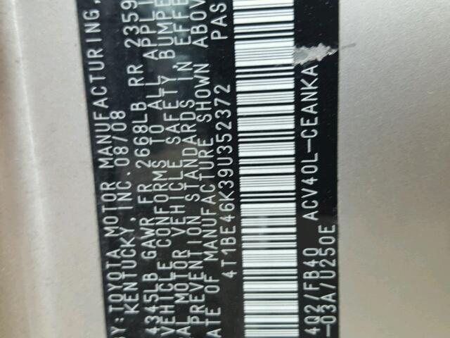 4T1BE46K39U352372 - 2009 TOYOTA CAMRY BASE TAN photo 10