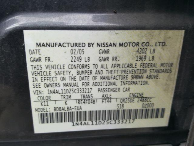 1N4AL11D25C333217 - 2005 NISSAN ALTIMA S CHARCOAL photo 10