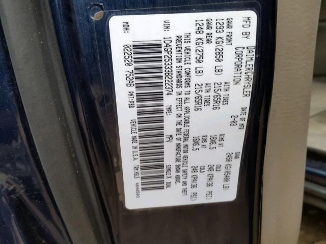 1D4GP25333B222374 - 2003 DODGE CARAVAN SE BLUE photo 10