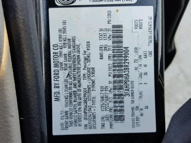 3FAHP0HA3BR299004 - 2011 FORD FUSION SE BLACK photo 10