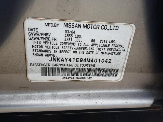 JNKAY41E94M401042 - 2004 INFINITI M45 GRAY photo 10