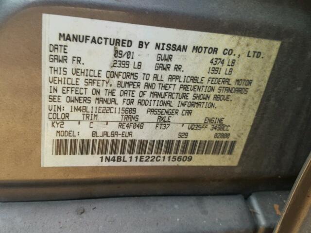 1N4BL11E22C115609 - 2002 NISSAN ALTIMA SE GREEN photo 10