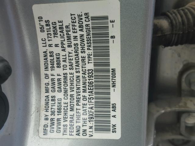 19XFA1F51AE061933 - 2010 HONDA CIVIC LX SILVER photo 10