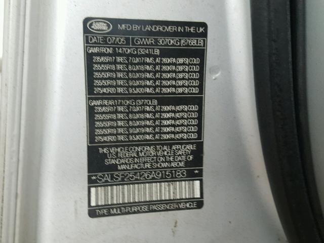 SALSF25426A915183 - 2006 LAND ROVER RANGE ROVE SILVER photo 10