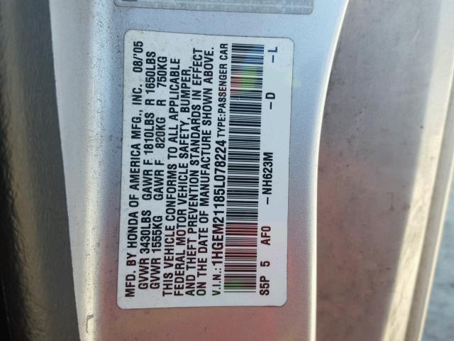 1HGEM21185L078224 - 2005 HONDA CIVIC DX V SILVER photo 10