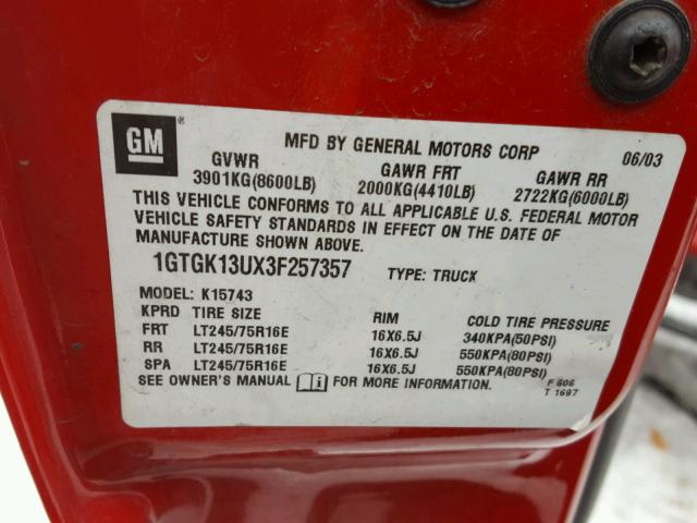 1GTGK13UX3F257357 - 2003 GMC SIERRA K15 RED photo 10