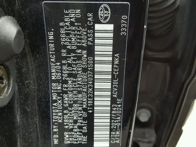 4T1BE32K34U371500 - 2004 TOYOTA CAMRY LE შავი ფოტო 10