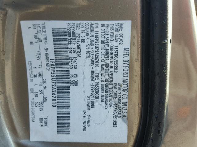 1FAFP55U72A267010 - 2002 FORD TAURUS SES BEIGE photo 10