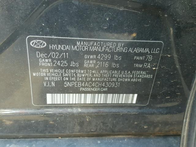 5NPEB4AC4CH430931 - 2012 HYUNDAI SONATA GLS BLACK photo 10