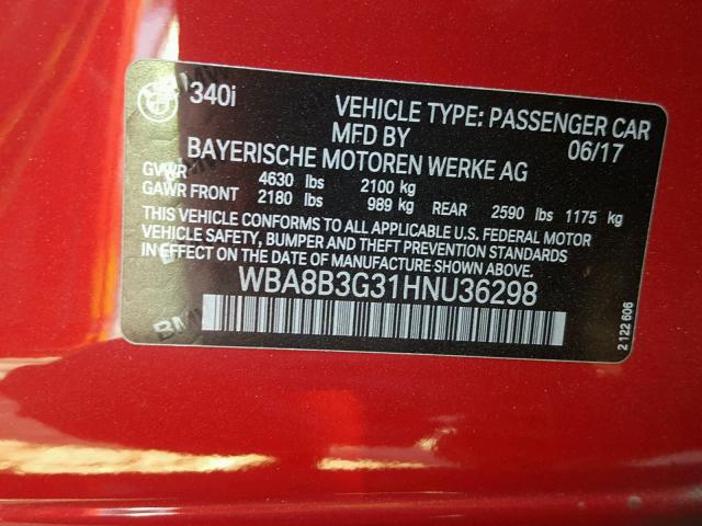 WBA8B3G31HNU36298 - 2017 BMW 340 I RED photo 10