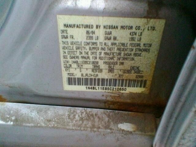 1N4BL11E85C210650 - 2005 NISSAN ALTIMA SE SILVER photo 10