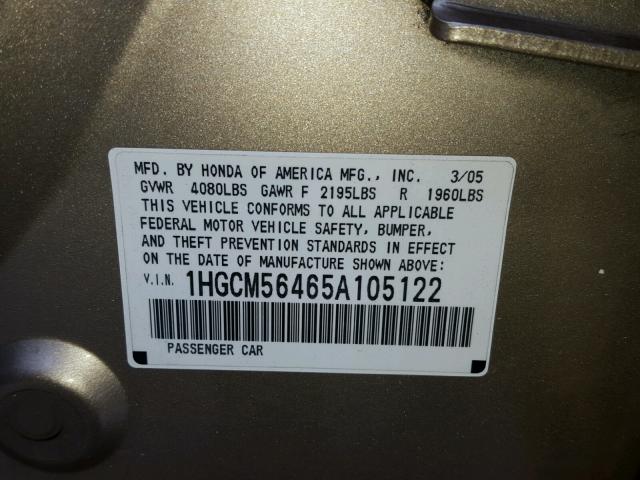 1HGCM56465A105122 - 2005 HONDA ACCORD LX TAN photo 10