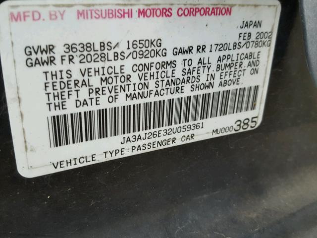 JA3AJ26E32U059361 - 2002 MITSUBISHI LANCER ES GRAY photo 10