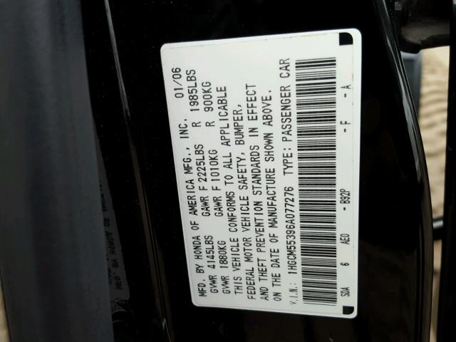 1HGCM55396A077276 - 2006 HONDA ACCORD SE BLACK photo 10