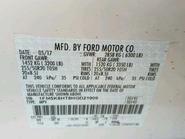 1FM5K8HT8HGD21909 - 2017 FORD EXPLORER P WHITE photo 10