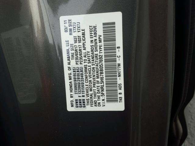 5FNRL5H67BB057692 - 2011 HONDA ODYSSEY EX GRAY photo 10