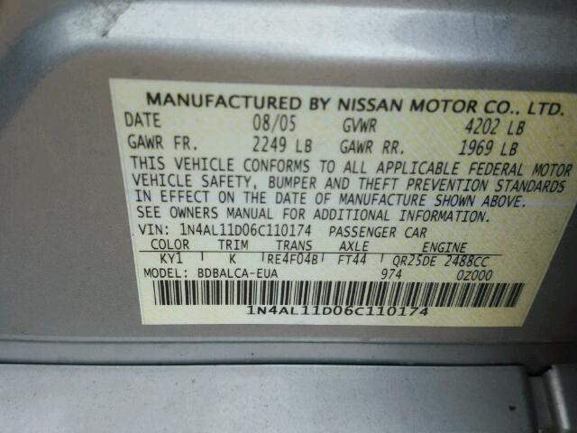 1N4AL11D06C110174 - 2006 NISSAN ALTIMA S SILVER photo 10