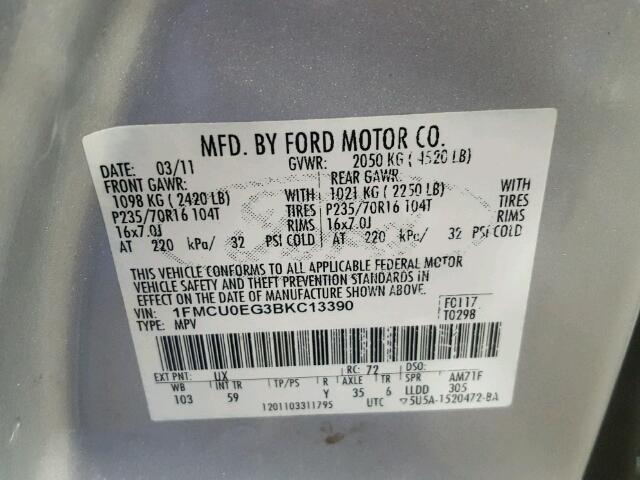 1FMCU0EG3BKC13390 - 2011 FORD ESCAPE LIM SILVER photo 10