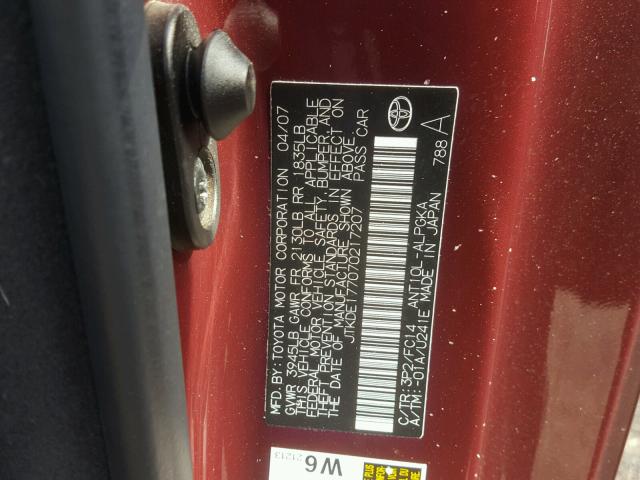 JTKDE177070217207 - 2007 TOYOTA SCION TC 栗色 照片 10