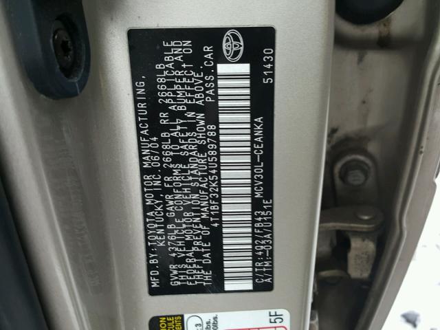 4T1BF32K54U589788 - 2004 TOYOTA CAMRY LE ოქროსფერი ფოტო 10