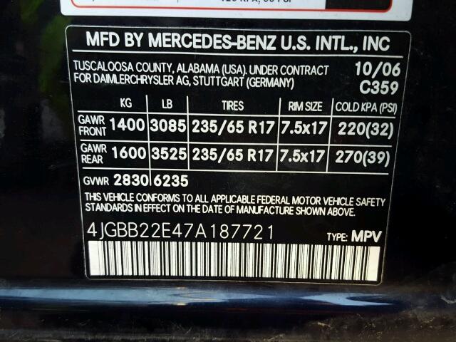 4JGBB22E47A187721 - 2007 MERCEDES-BENZ ML 320 CDI BLUE photo 10