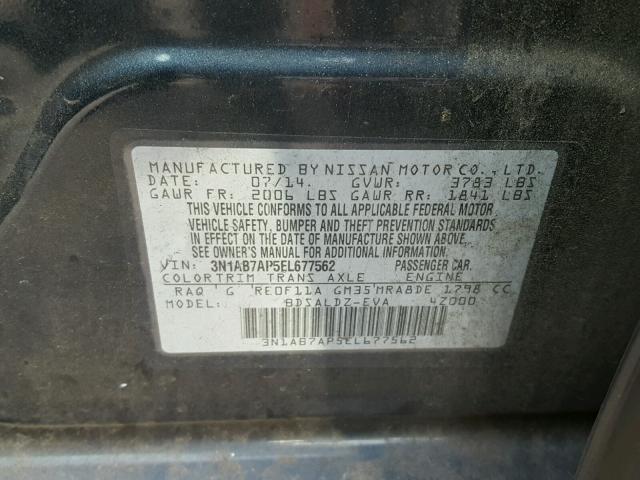 3N1AB7AP5EL677562 - 2014 NISSAN SENTRA S BLUE photo 10