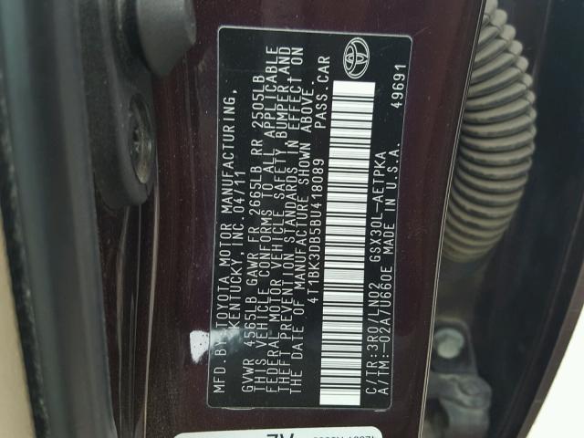 4T1BK3DB5BU418089 - 2011 TOYOTA AVALON BAS PURPLE photo 10
