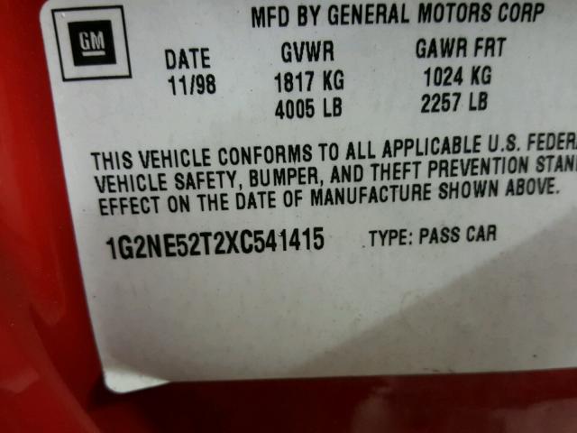 1G2NE52T2XC541415 - 1999 PONTIAC GRAND AM S წითელი ფოტო 10