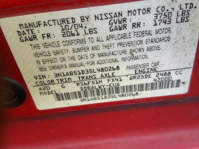 3N1AB51D35L480268 - 2005 NISSAN SENTRA SE- RED photo 10