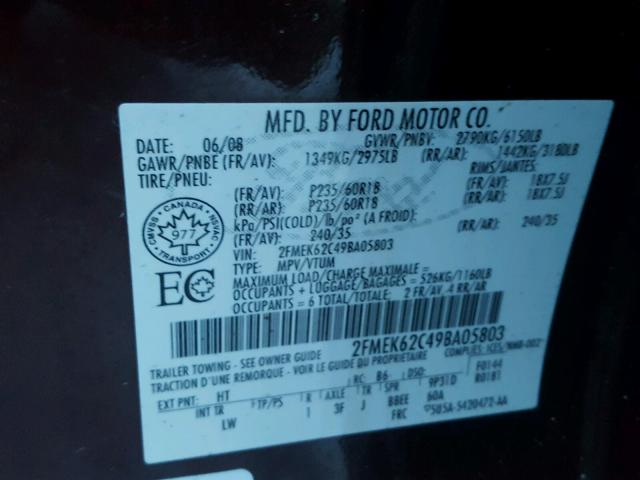 2FMEK62C49BA05803 - 2009 FORD FLEX SEL BURGUNDY photo 10