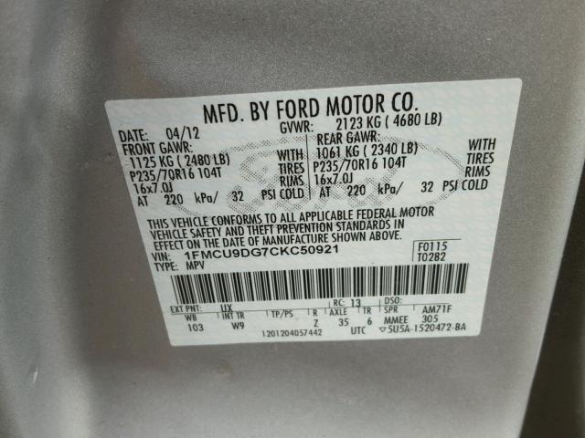 1FMCU9DG7CKC50921 - 2012 FORD ESCAPE XLT GRAY photo 10