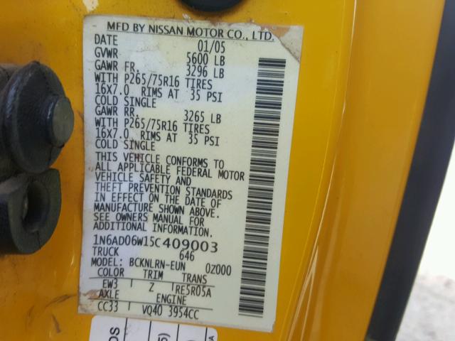 1N6AD06W15C409003 - 2005 NISSAN FRONTIER K YELLOW photo 10