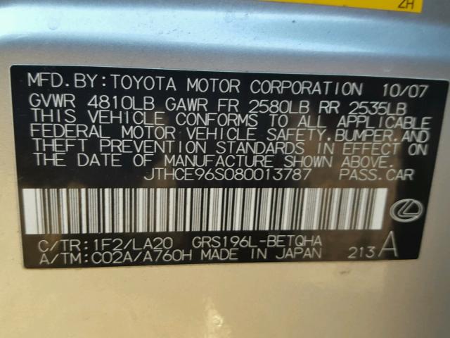 JTHCE96S080013787 - 2008 LEXUS GS 350 SILVER photo 10