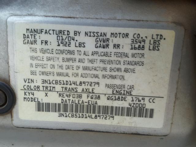 3N1CB51D14L897279 - 2004 NISSAN SENTRA 1.8 SILVER photo 10