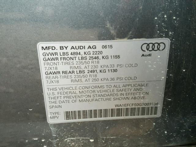 WA1EFCFS0GR003138 - 2016 AUDI Q3 PREMIUM GRAY photo 10