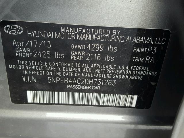 5NPEB4AC2DH731263 - 2013 HYUNDAI SONATA GLS GRAY photo 10