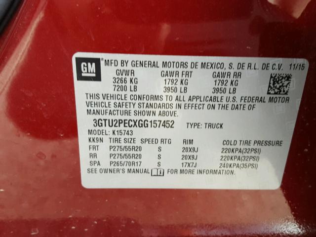 3GTU2PECXGG157452 - 2016 GMC SIERRA K15 RED photo 10