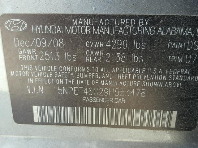 5NPET46C29H553478 - 2009 HYUNDAI SONATA GLS GRAY photo 10