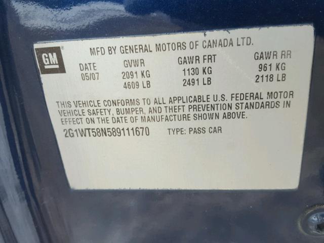 2G1WT58N589111670 - 2008 CHEVROLET IMPALA LT BLUE photo 10